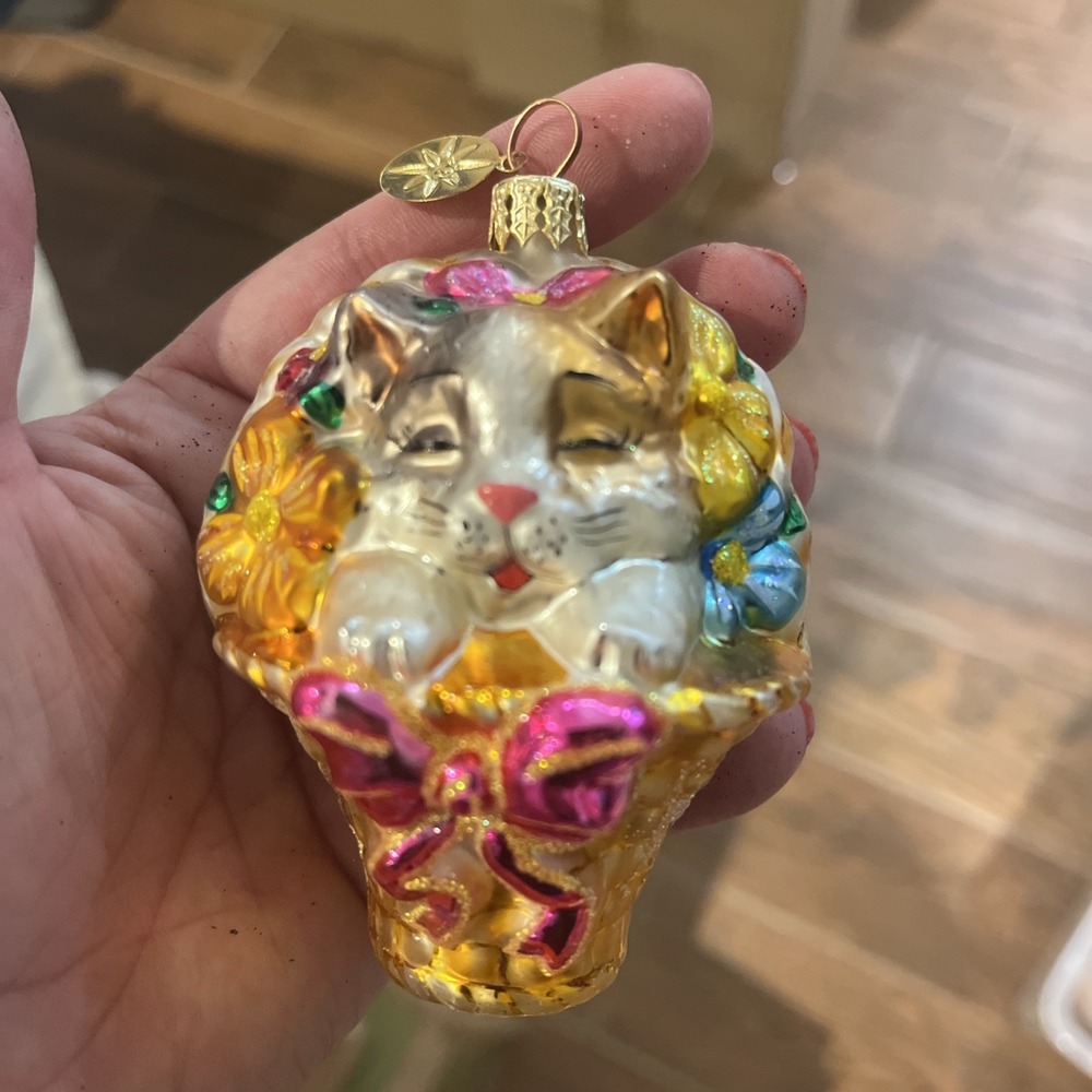 Vintage Christopher Radko Glass Christmas Ornament " Cat In A Basket "